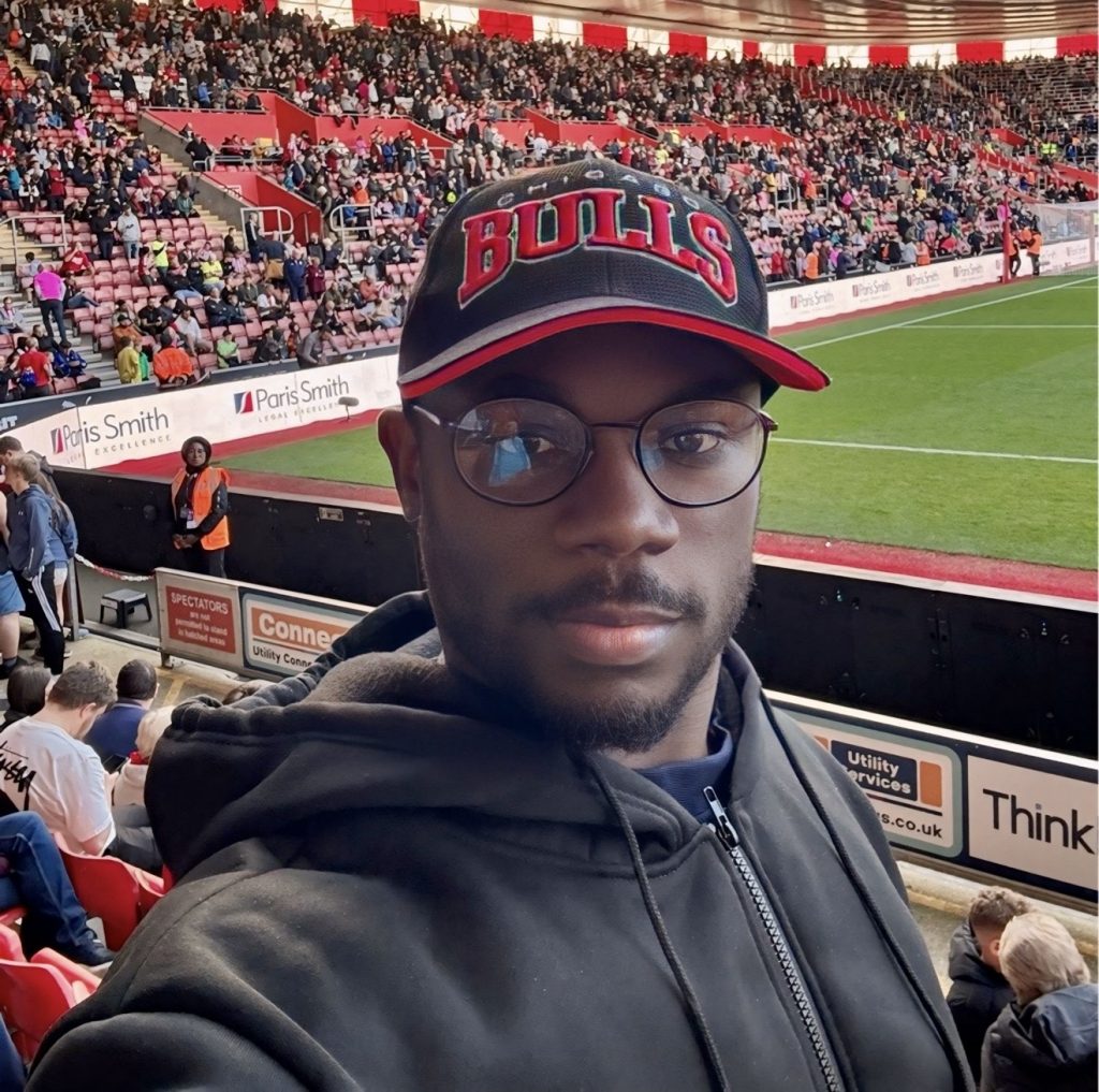 Goalgetter Media CEO and Publisher, Damilola Amuda (Goalgetter) at the St Mary’s Stadium for the Premier League game between Southampton and Leicester City.